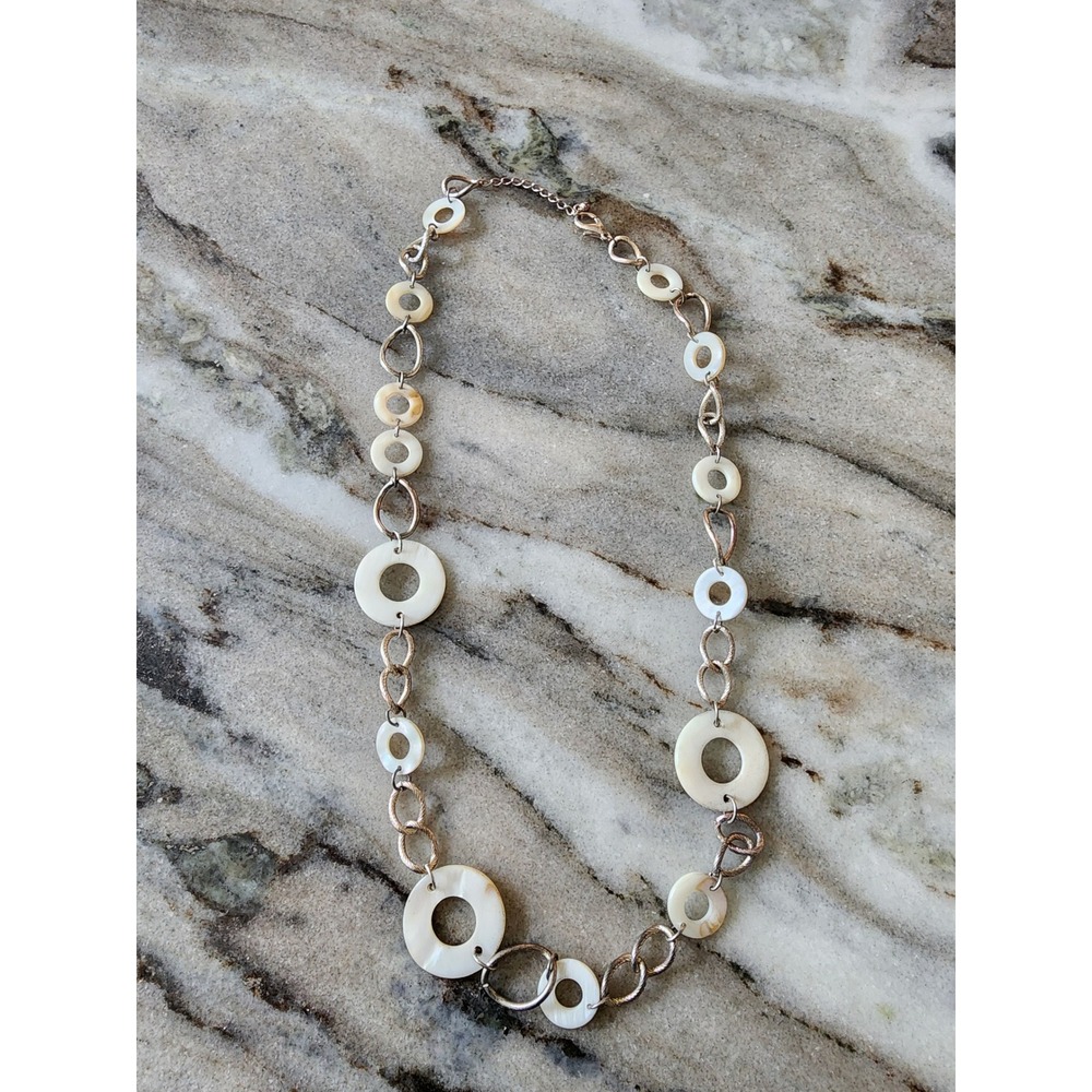 Mother of Pearl Shell Circle Link Statement Necklace Silver Tone 28 Inch Boho